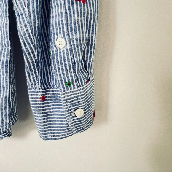 GAP Women’s Shirt Small Blue Red Floral  Embroidered Striped Boyfriend Popover - Picture 6 of 10